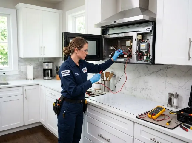 Appliance Repair Hero technician testing an over-the-range microwave in a Bastrop, TX kitchen