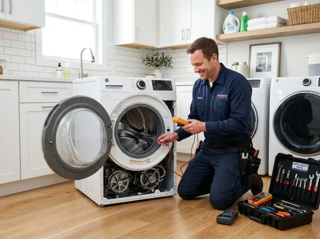 Appliance Repair Hero technician testing a front-load washer with a multimeter on a Bastrop, TX service call